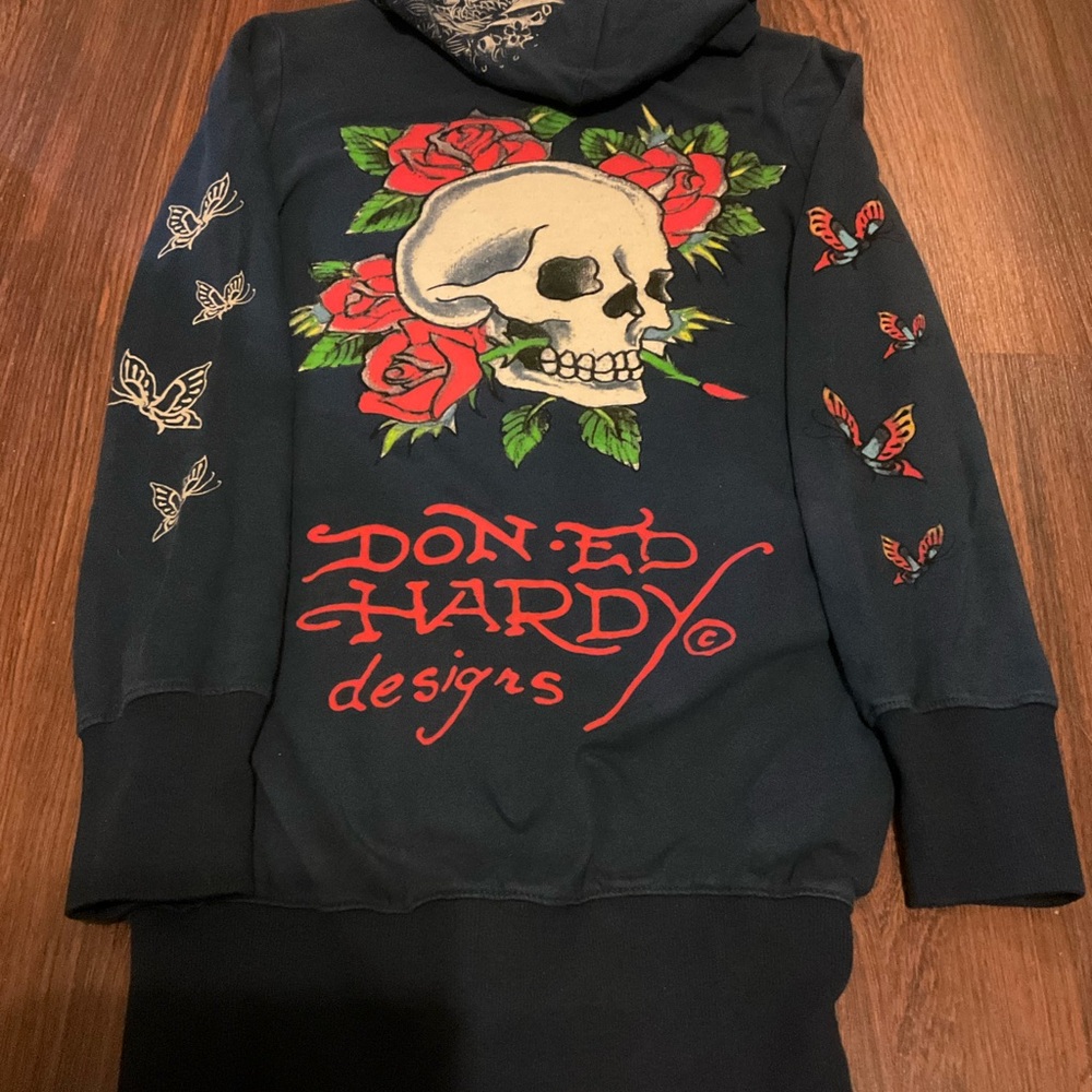 Ed Hardy& Christian Audigier Navy Hoodie Skull Roses Butterflies
